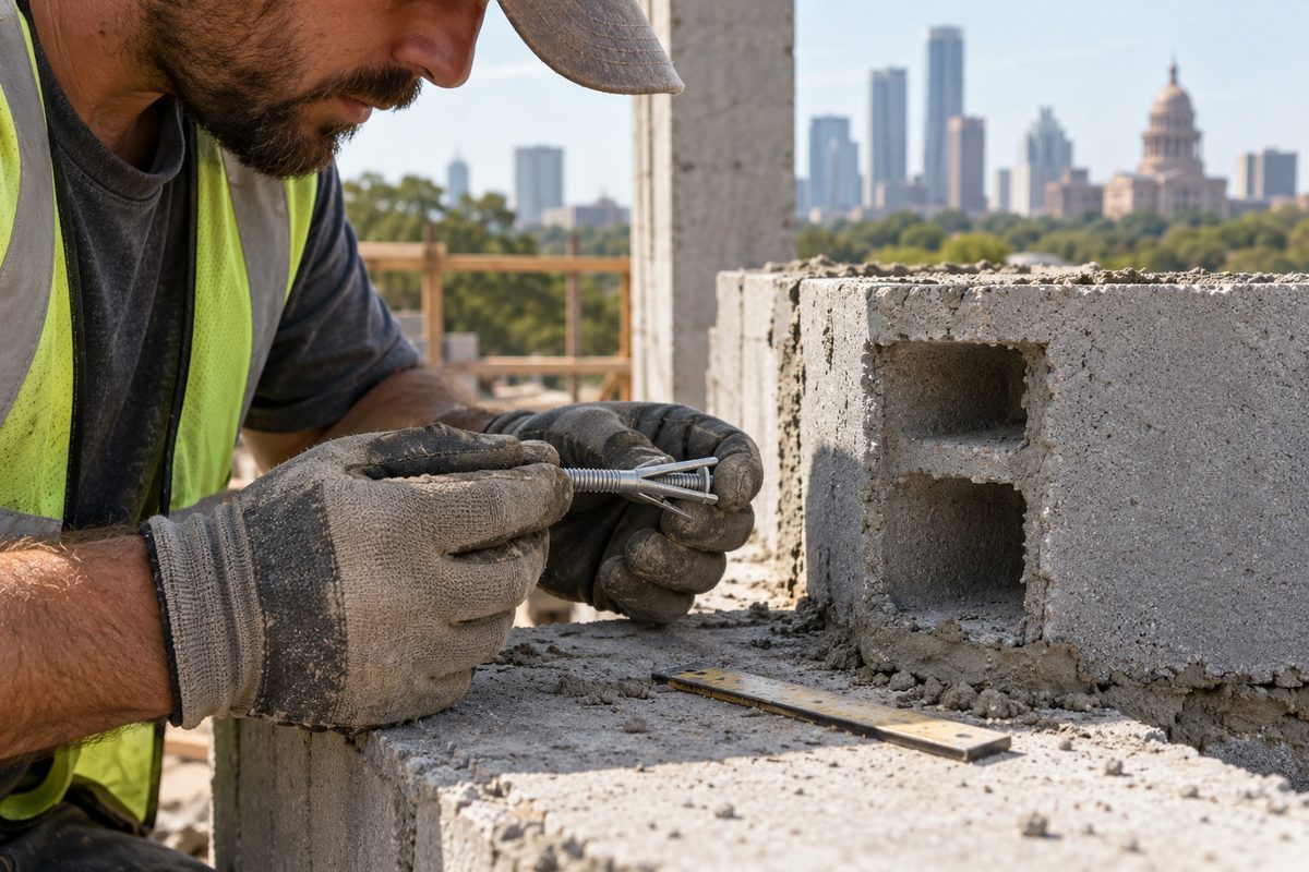 Cavity fixing beside an exposed hollow masonry block