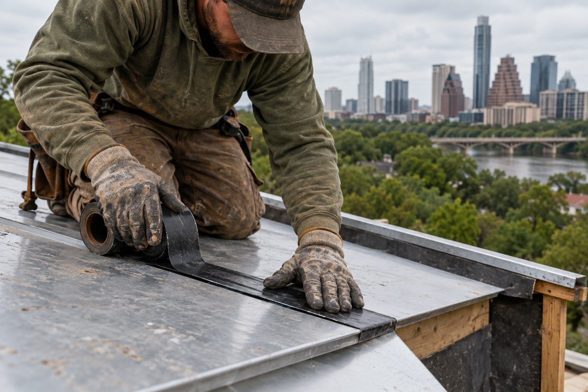 Worker pressing butyl tape over a metal sheet overlap